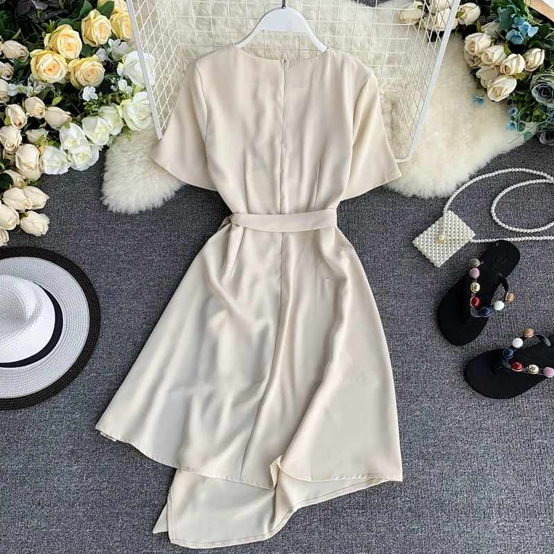 النساء لون نقي V طوق قصيرة الأكمام غير النظامية شوكة 2019 فستان كاجوال أنيقة Vestidos F808