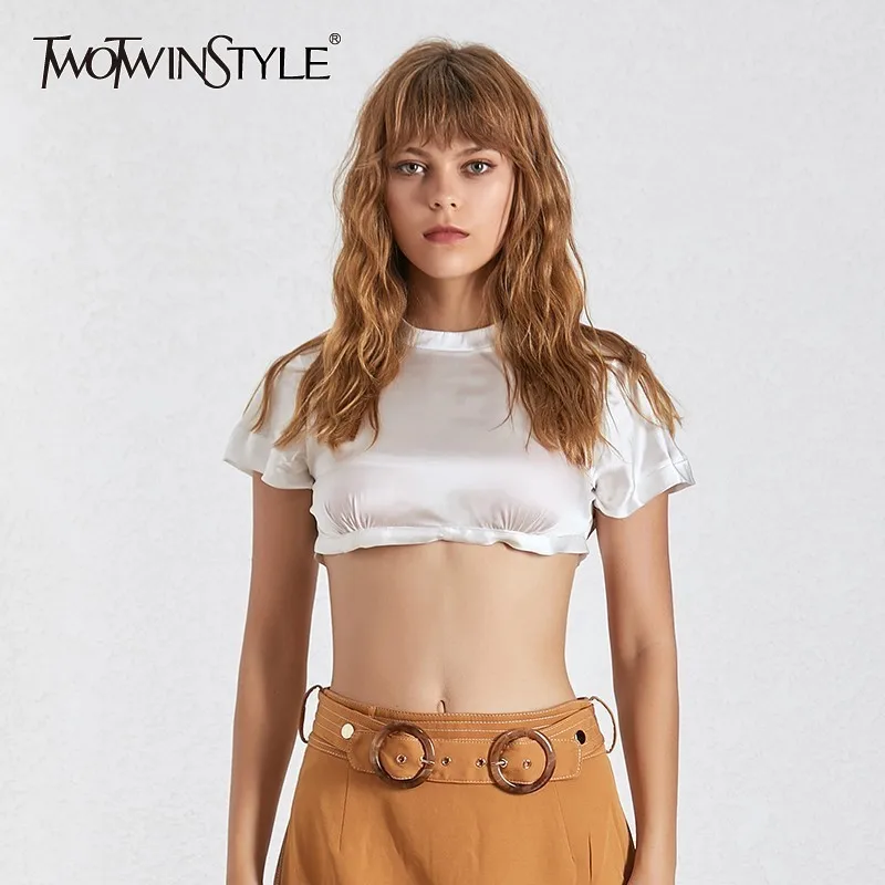 Meilleur Deuxtwinstyle été blanc Bandage Sexy t shirt pour les femmes O cou à manches courtes Slim Crop hauts femme mode vêtements 2019 nouveau