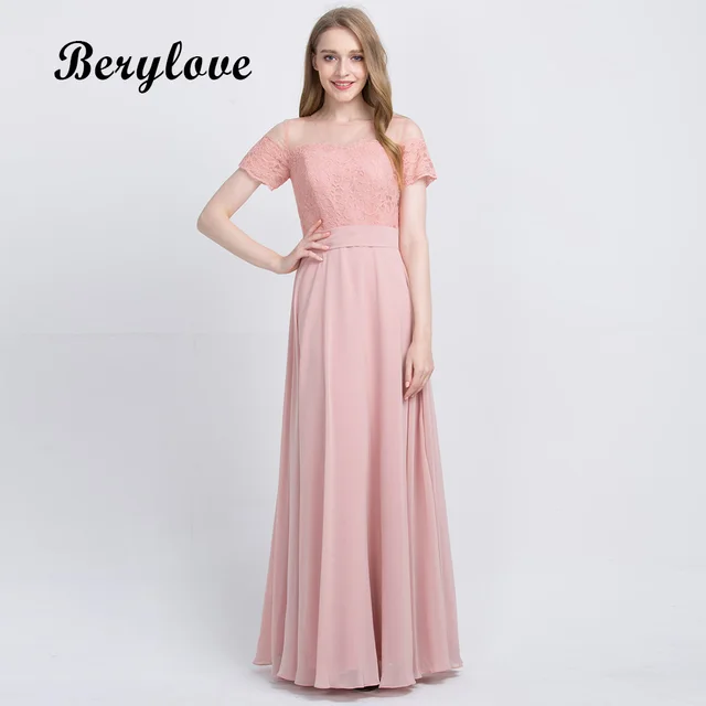 Buy BeryLove Long Blush Pink Chiffon Bridesmaid Dresses 2018 With Sleeves Lace