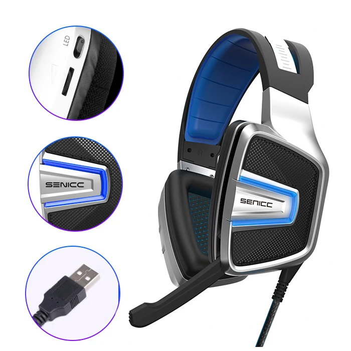  SENICC A8 USB Virtual 7.1 Sound Gaming Headset with Mesh Earmuff LED Noise Canceling Gamer Headphon