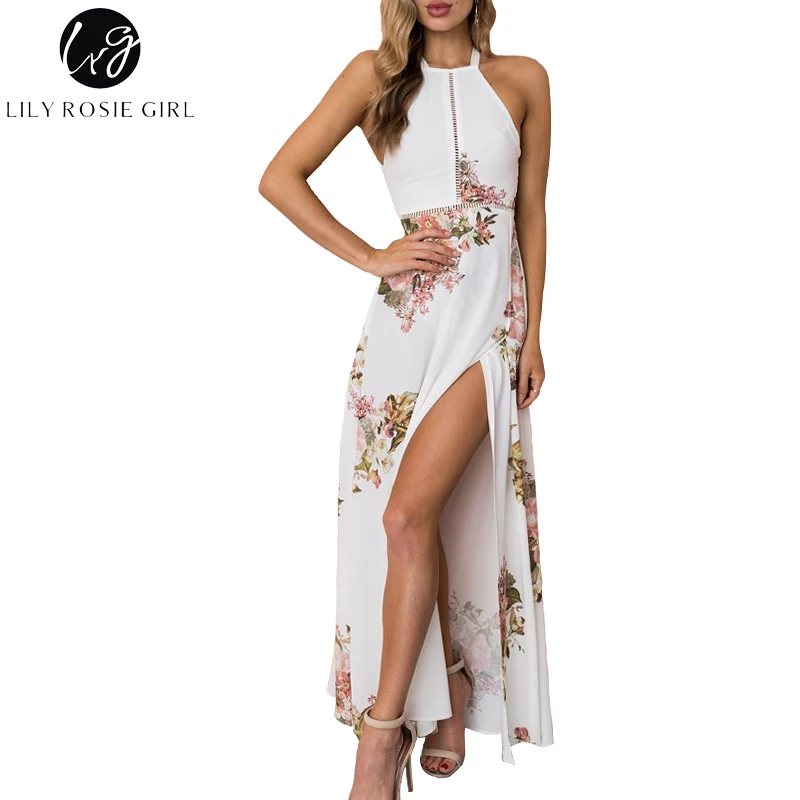 

Lily Rosie Girl White Floral Print Sleeveless Women Maxi Boho Dresses 2018 Summer Beach Party Bow Backless Ladies Long Vestidos