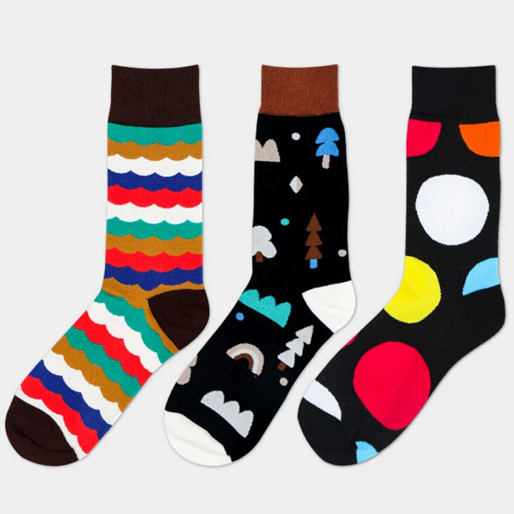 High Quality 1 Pair of Spring Summer Men Colored Striped Cotton Socks Art Jacquard Socks Hit Color Long Dot Happy Socks 39