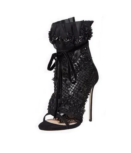 Women-Solid-Black-Lace-Mesh-Leather-Peep-Toe-Hollow-Out-Sandal-Boots ...