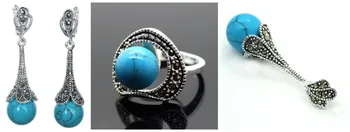 

Vintage Blue Stone 925 Sterling Silver Marcasite Ring (#7-10) pendant and earrings sets 03