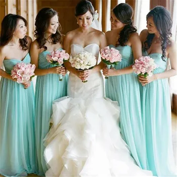 

2019 High Quality Mint Green Long Dresses Bridesmaid Strapless A Line Floor Length Pleat Chiffon Cheap Wedding Party Gowns