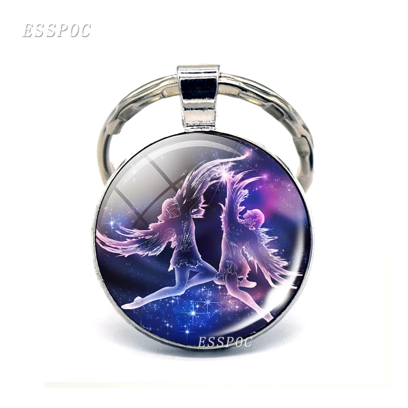 12 Constellation Keychain Zodiac Signs Glass Pendant Scorpio Sagittarius Capricorn Aquarius Alloy Keyring Jewelry Birthday Gifts - Цвет: Gemini