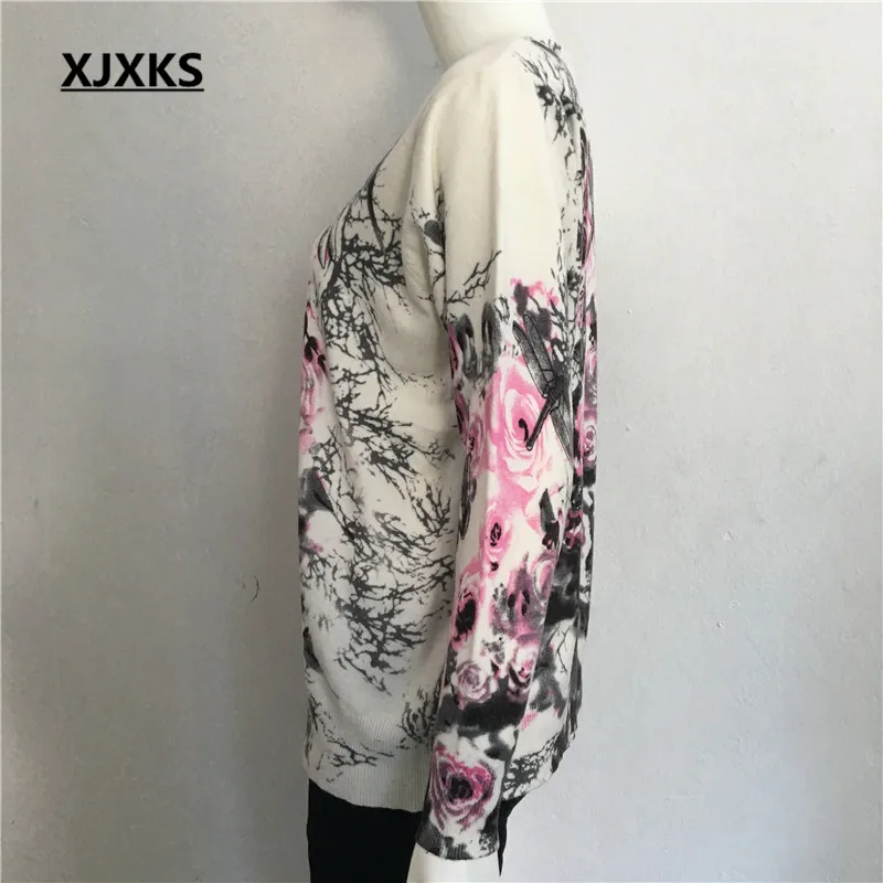 XJXKS размера плюс, цветочный принт, пуловеры, свитер для женщин, джемпер, весна, осень, больше размера, пуловер, Повседневная мода, женские свитера