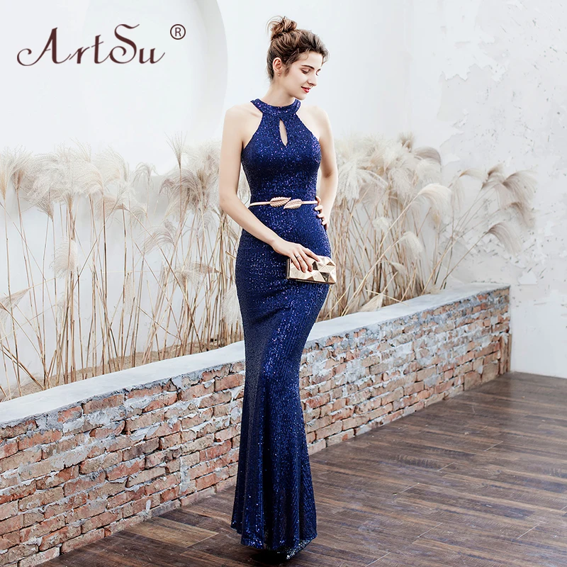 

ArtSu Black Silver Round Neck Choker Floor-Length Maxi Mermaid Dress Luxurious Women Sequins Long Party Dress Red Robe De Soiree