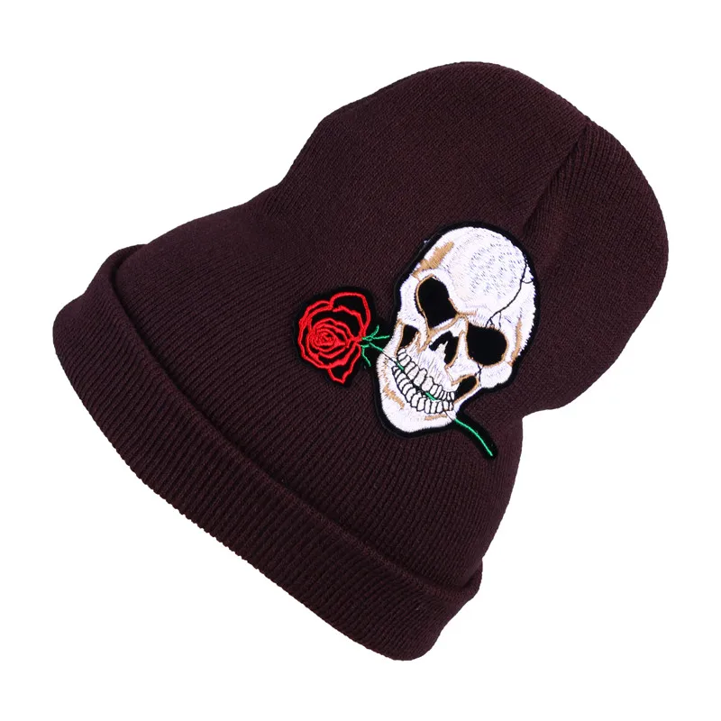 CRUOXIBB Мужская и женская теплая зимняя шапка вязаные шапки для девочек с черепом и красной розой шапка осень-зима модные шапочки Повседневные вязаные шапки s