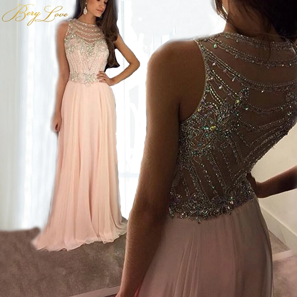 BeryLove Pink Elegant 2019 Evening Dresses Long A-line Scoop Sequins Chiffon Sleeveless Beaded Prom Dresses Soiree Robe BeryLove Pink Elegant 2019 Evening Dresses Long A-line Scoop Sequins Chiffon Sleeveless Beaded Prom Dresses Soiree Robe