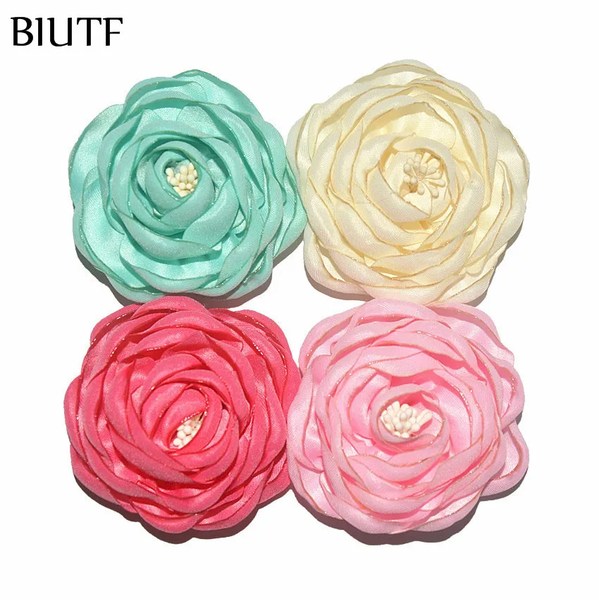 

5pcs/lot 2.4'' Burned Camelia Satin Flower with Stamen 6cm Chic Fabric Flower Kids Headwear Apparel Shoes DIY Accessory TH284