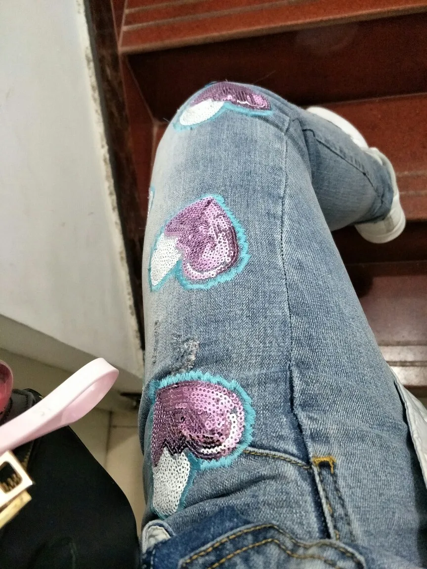 Любовь бисер блестками светло голубой джинсы для женщин 2019 сезон: весна-лето новые модные для длина лодыжки худые