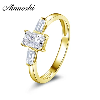 

AINUOSHI Three Stone Ring 14K Solid White/Yellow Gold Women Wedding Ring Trendy Rectangle Cut Simulated Diamond Engagement Rings