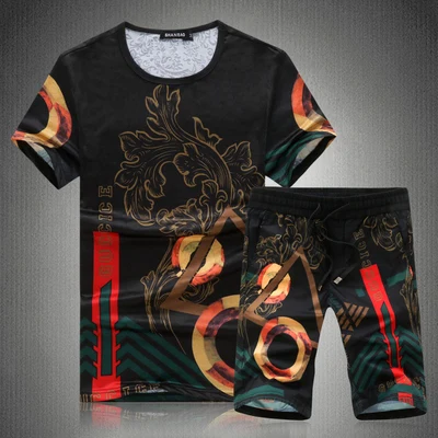 Новые модные летние шорты комплекты Для мужчин дизайн нерегулярные костюмы для печати мужской костюм Повседневное Гавайи комплекты футболка+ штаны 5XL - Цвет: Черный