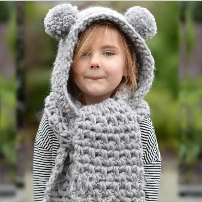 

Wool Knitted Kids Warm Hats And Scarf Set Cute Bear Ears Boy Girls Winter Caps Beanies Hat Child Scarves Neck Warmer Set