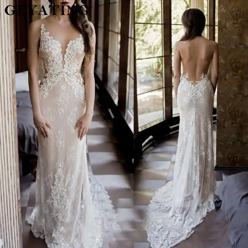 bohemian mermaid lace wedding dress