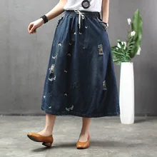 Новинка 89014 года; женская джинсовая юбка с вышитыми бабочками; Женская юбка с необработанными краями; большие размеры; Длинная юбка с карманами для девочек
