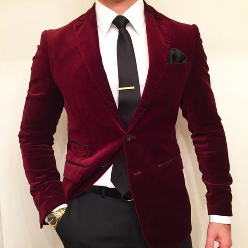 Бургундия бархат свадебные смокинги жениха из двух частей Slim Fit бизнес мужские костюмы новая мода комплект пиджак с черными брюками - Цвет: Same as Image