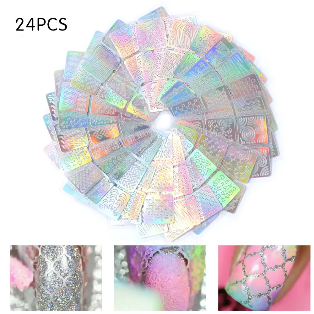 

24Pcs Nail Stickers 3D Nail Art Sticker laser DIY Hollow Decal Manicure Glitter Decorations For Nails Accessories