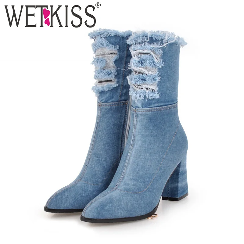 WETKISS Denim Thick High Heels Women Boots Holed Ankle Boot 2019 New Pointed Toe Lady Shoes Ripped Spring Short Plush Footwear WETKISS Denim Thick High Heels Women Boots Holed Ankle Boot 2019 New Pointed Toe Lady Shoes Ripped Spring Short Plush Footwear