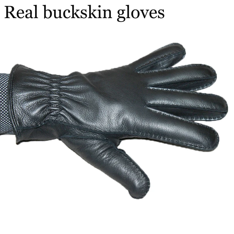 winter new Men's true deerskin gloves Coral Fleece warm buckskin Excellent quality mittens black color Genuine leather