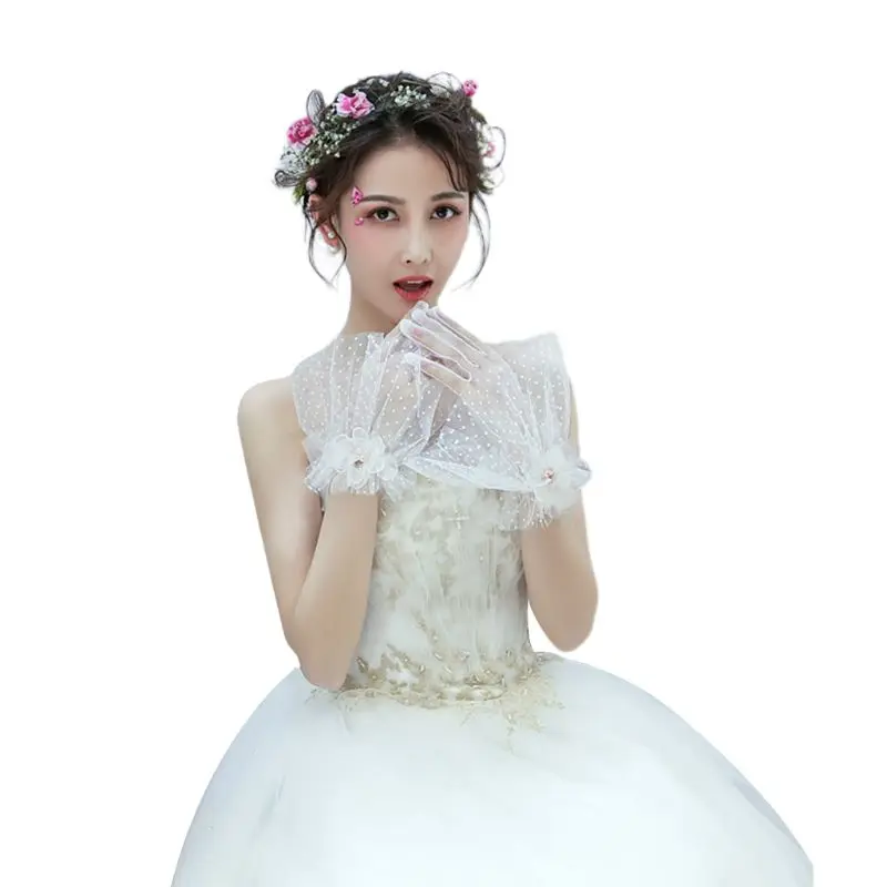 

Bridal Wedding Gloves Mesh Dot Wrist Gloves Pink Faux Pearl Rhinestone Flower Bow Ruffled Full Finger Mittens Party Accessories
