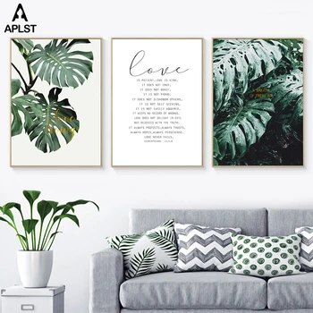 

Love Quote Monstera Leaf Canvas Prints and Poster Tropical Plants Green Leaves Printing Artwork Wall Art Decor for Living Room