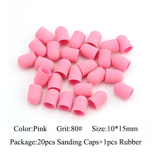 20шт 10*15 мм электрическое сверло для ногтей пластиковая основа шлифовальные колпачки резиновый захват фрезы для маникюра педикюра Дрель аксессуары - Цвет: Pink-80 grit