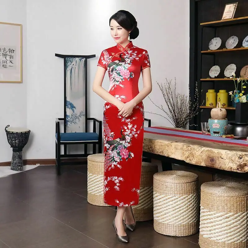Китайские традиционные костюмы Vestito oritale Женские Длинные Cheongsam печати костюм для