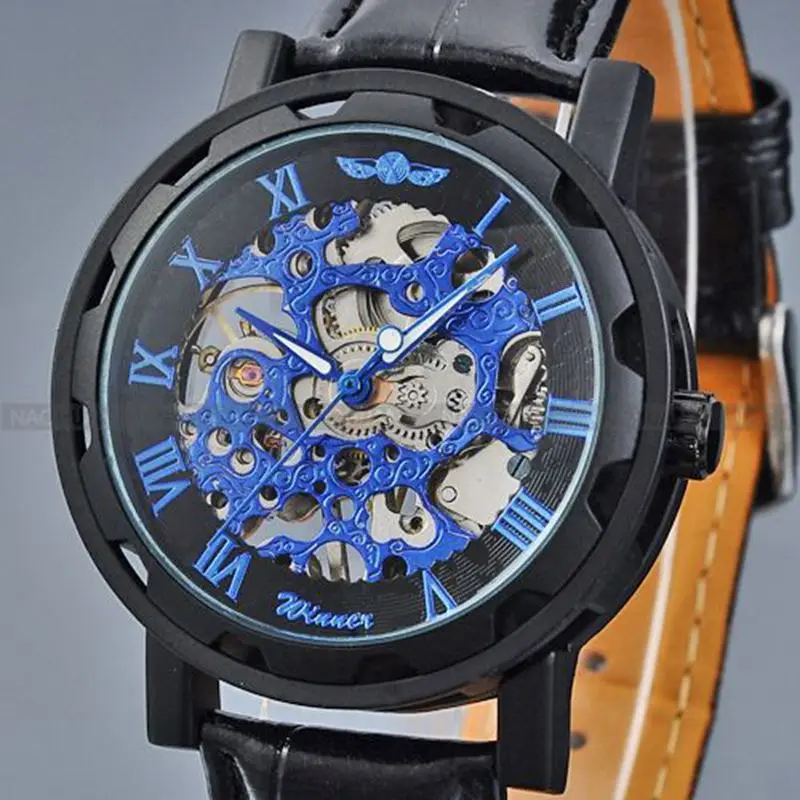 Vintage Skeleton Transparent Wheel Gear Totem Mechanical Stainless Steel font b Sport b font Greek Numerals