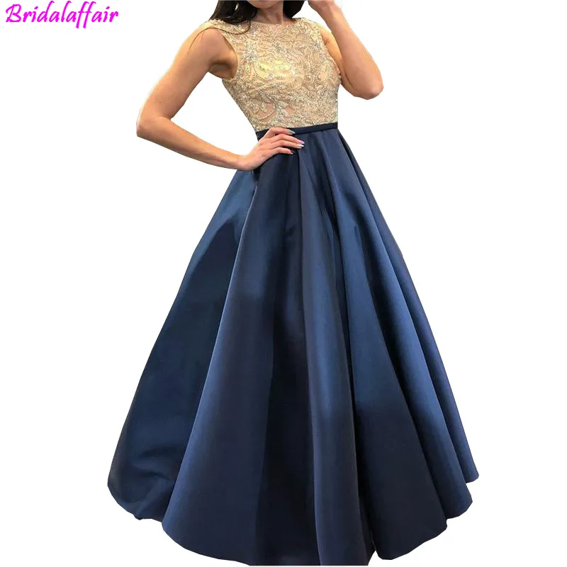 2019 Navy blue Satin Long Prom Dresses Top beads Elegant Evening Dresses Robe De Soiree New bride dress vestidos de gala 2019 Navy blue Satin Long Prom Dresses Top beads Elegant Evening Dresses Robe De Soiree New bride dress vestidos de gala