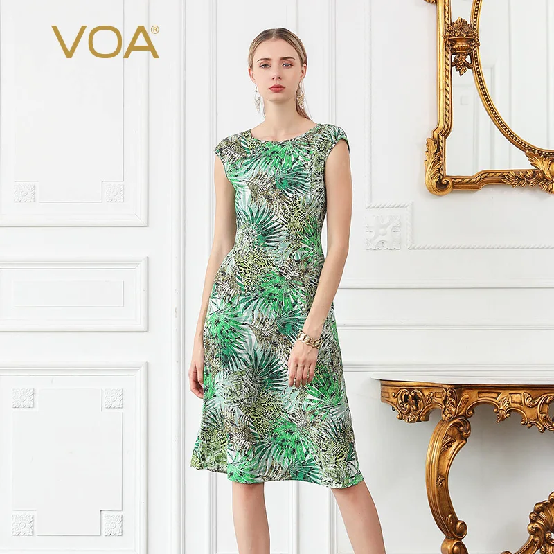 

VOA Summer 100% Silk Dress Women Boho Print Beach Midi Dresses vestido Casual sukienka Ladies jurken Sleeveless Pull Robe A8268