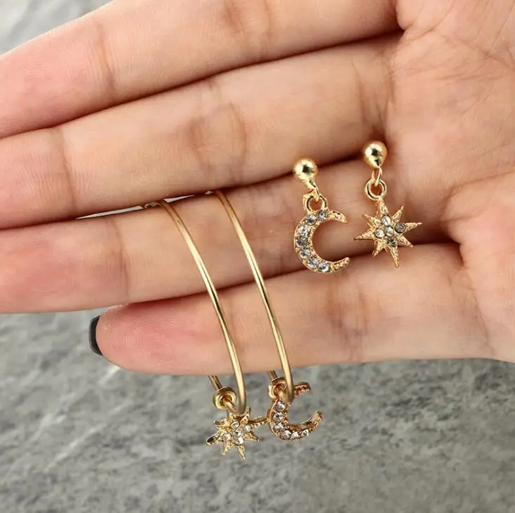 

High Quality 4 pcs Fashion Gold Star Moon Crystal Earring Geometric Pendant Stud Earring for Women Girl Pericing Earing Jewelry
