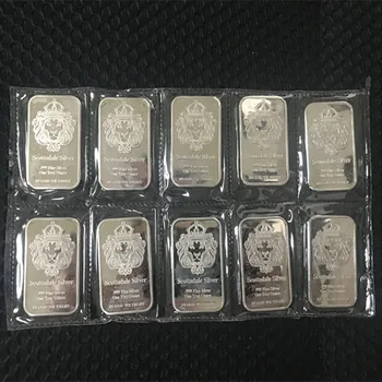 5 pcs Non magnetic Scottsdale silver bullion bar 1 OZ silver plated ingot badge 50 mm x 28 mm Vacuum packing 5 pcs a row bars 50 pcs the engelhard fine silver bullion bar 1 oz silver plated ingot badge 50 mm x 28 mm collectible home decoration bars