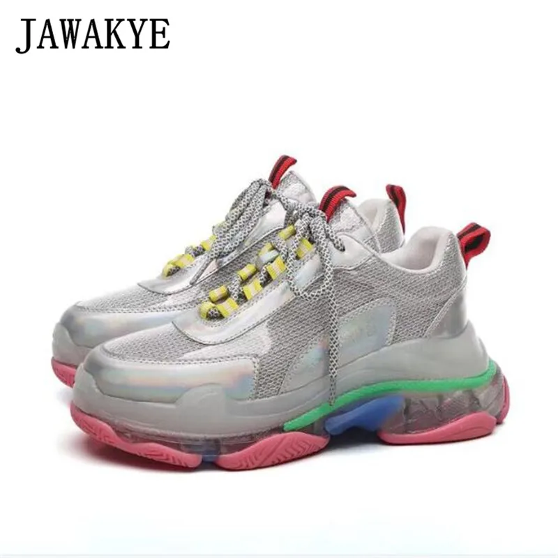 

Hot Sale Colorful Metal Platform Shoes Women Genuine Leather Lace Up Vacuum Bottom Sneakers Mesh Daddy Shoes Zapatos De Mujer