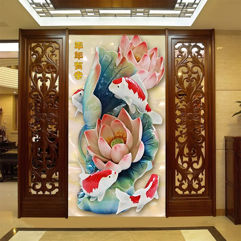 

3D mural wallpaper Customized medium-size Chinese pattern with lotus nine fish as vertical background the corridor screen