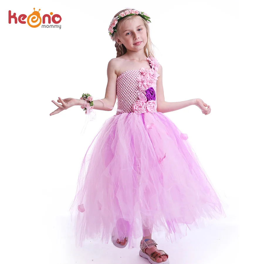 

Pink and Purple Flower Girl Tutu Dress Kids Pink Petals Birthday Wedding Party Dress Boutique Handwork Girls Ball Gowns