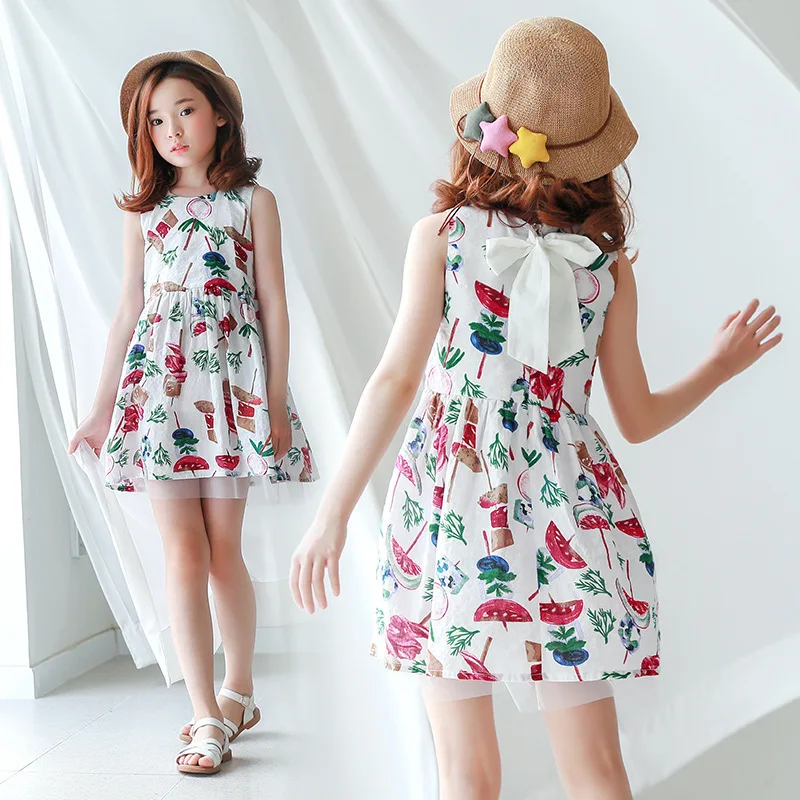 

Sleeveless Kids Girls Dresses 2018 New Summer Casual Bow A-line O-neck Cute Pattern For 4-16T Little Girl Children Dress 4ds219
