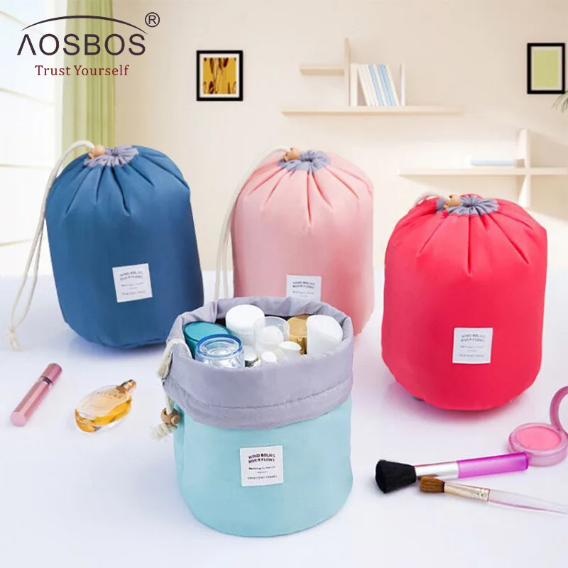Aosbos High Quality Waterproof Travel Cosmetic Bag Nylon Drawstring Barrel Wash Bags Large Capacity Women Cosmetic MakeUp Bag