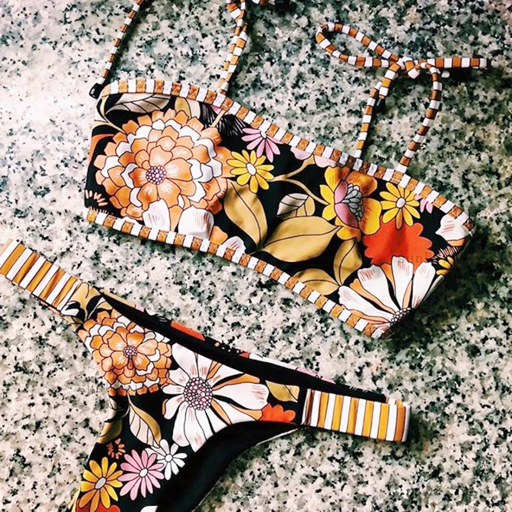 

BAICANADEAN New 2019 Bikini Set Strap Swimwear Women Striped Printed Swimsuit Padded Bathing Suits Sexy Thong Beach Bikinis