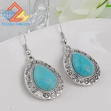 (1Pair /Lot) 100% Water-Shaped Alloy Engraved Pattern / Turquoise Retro Earrings faux turquoise cow engraved jewelry set