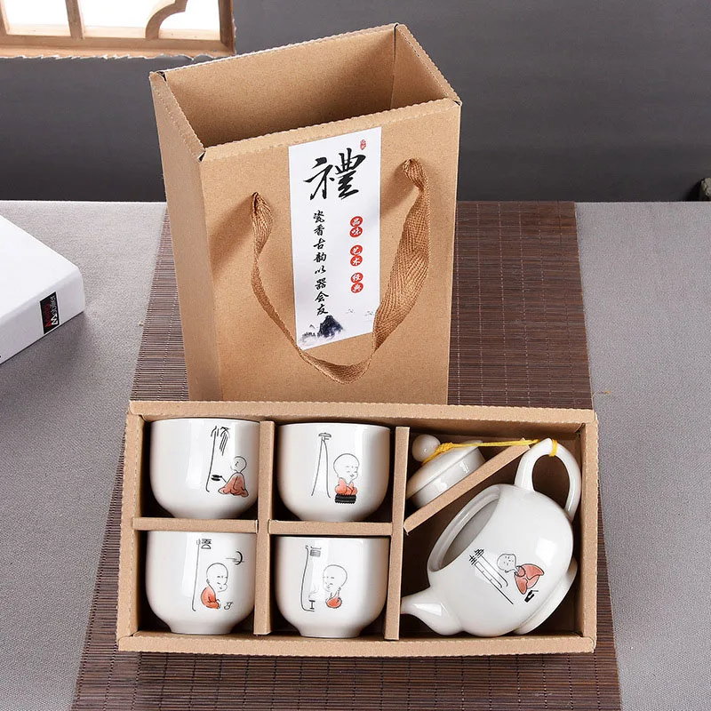 Изысканный керамический чайный набор с ручной росписью, 1 горшок, 4 чашки, чайная чашка кунг-фу, дорожный чайный горшок, китайский фарфоровый чайный набор, посуда для напитков - Цвет: 03