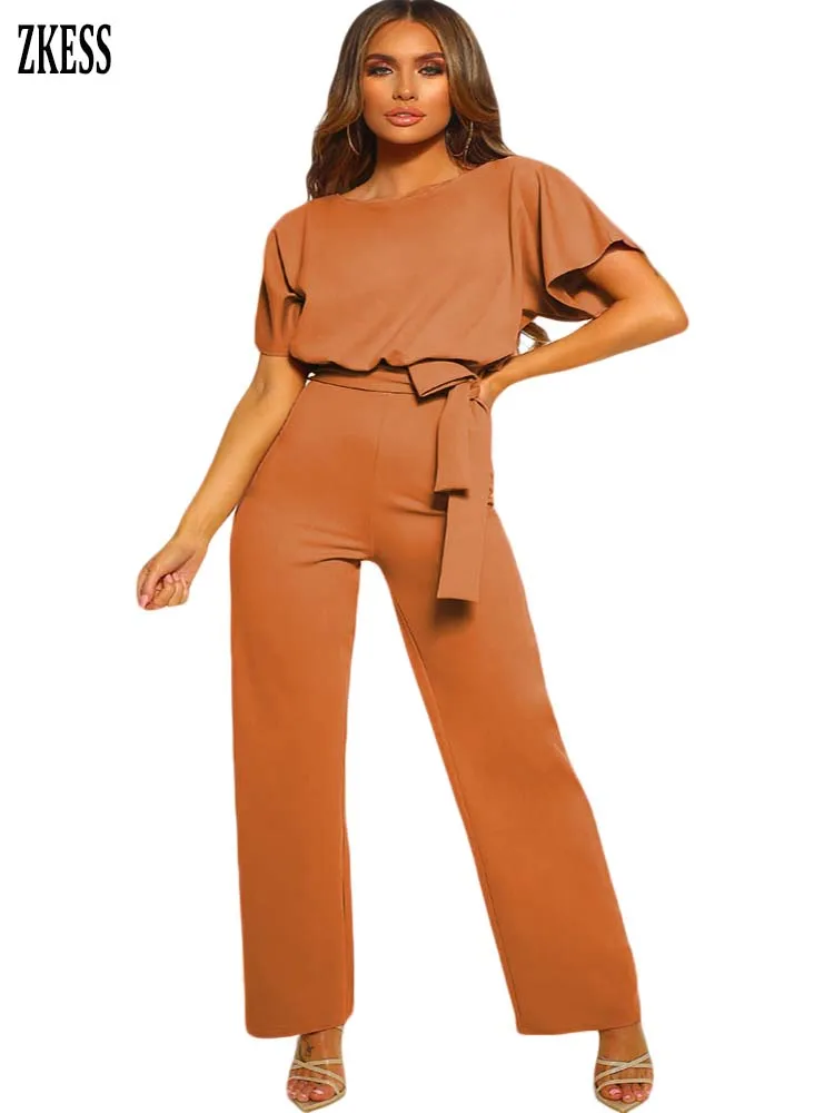 

ZKess Women Black Oh So Glam Belted Wide Leg Jumpsuit Fashion Casual Sashes Batwing Sleeve Party Club Straight Jumpsuits LC64520