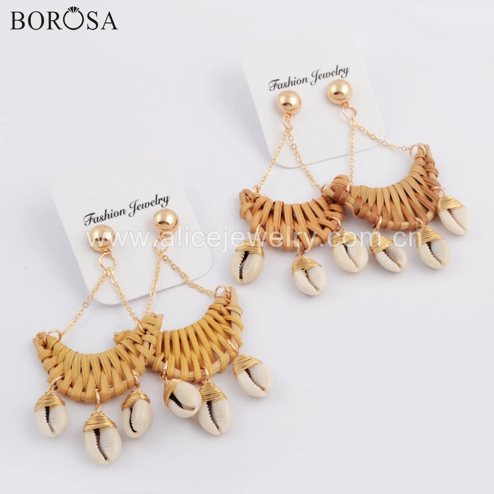 

BOROSA 10Pairs Boho Style Gold Color Moon Bamboo Wave Three Wire Wrap Metal Cowrie Shell Drop Earring Jewelry for lady WX1076