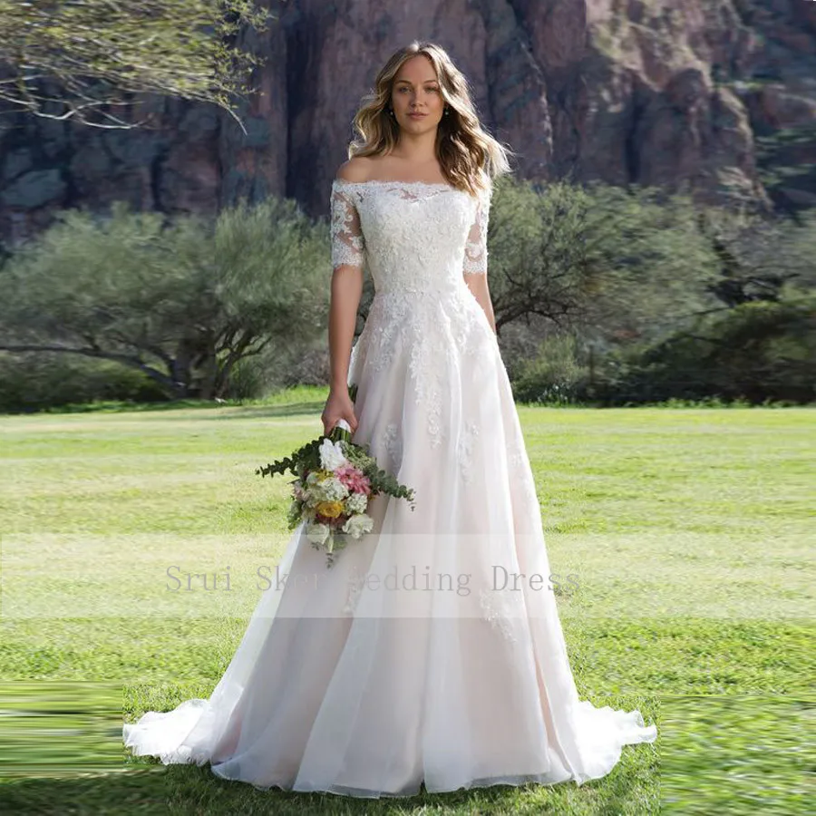 

2019 Lace Wedding Dress with Sleeve A-Line Gowns Boat Neck Princess Wedding Gown Free Shipping robe de mariee