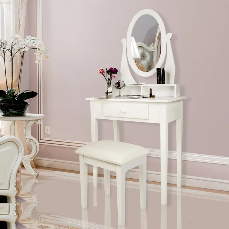 

Vanity Set Dressing Table with Cushioned Stool Oval Makeup Mirror Writing Desk 3 Removable Drawers Easy Assemly Vanities