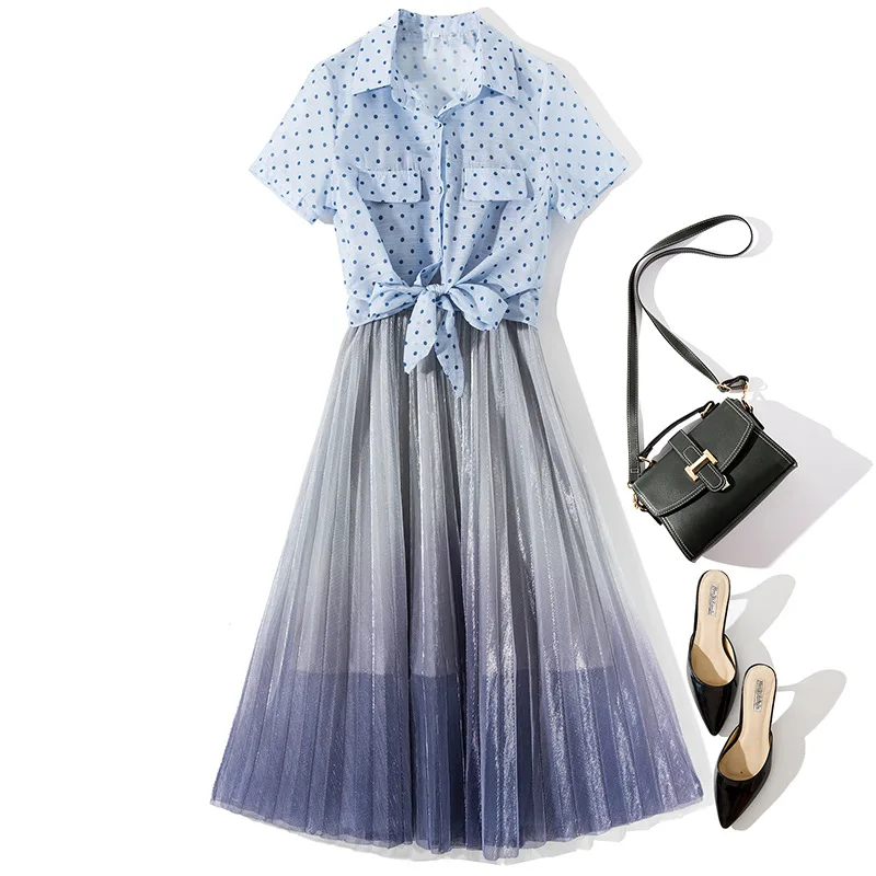

Women Dress Set 2019 New Spring Summer Turn Down Collar Short Sleeved Polka Dot Short Shirt + Elastic Waist Mesh Slip Dress Suit