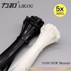 LIKOU нейлоновые кабельные стяжки 5x100 мм 5x150mm 5x200 мм 5x250mm 5x300 мм 5x400mm 5x500mm Пластик автоблокировкой кабельные стяжки ремни 100 шт