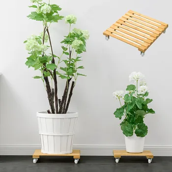 

ISHOWTIENDA Bamboo Movable Plant Pot Trolley Tray garden Pot Trays Square Universal Wheel Potted Chassis Base small bonsai pot