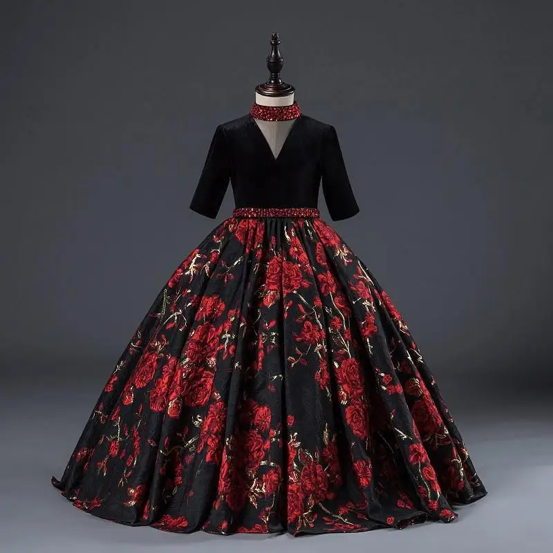 Детское платье принцессы с вышитыми цветами для девочек, детское элегантное платье со шлейфом и бусинами, Vestido, детское Плиссированное торжественное платье на выпускной, Q700